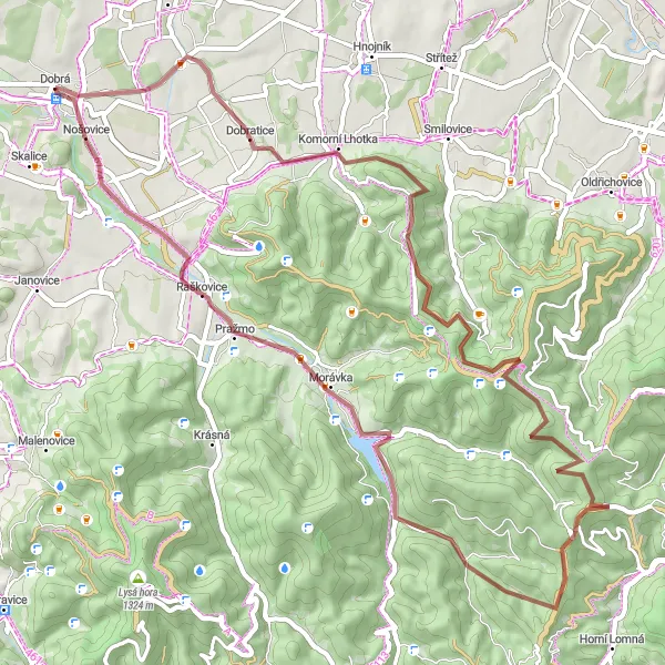 Map miniature of "Dobrá Gravel Adventure" cycling inspiration in Moravskoslezsko, Czech Republic. Generated by Tarmacs.app cycling route planner