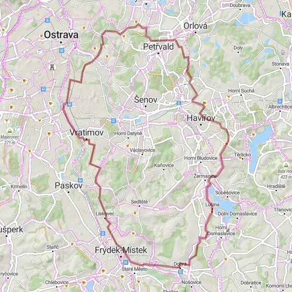 Map miniature of "Gravel Adventure" cycling inspiration in Moravskoslezsko, Czech Republic. Generated by Tarmacs.app cycling route planner