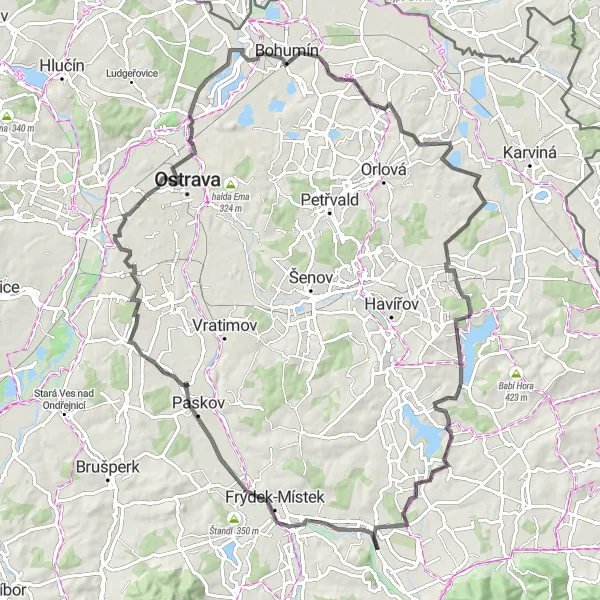 Karten-Miniaturansicht der Radinspiration "Schlösser und Halden Tour" in Moravskoslezsko, Czech Republic. Erstellt vom Tarmacs.app-Routenplaner für Radtouren