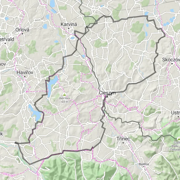 Map miniature of "Soběšovice and Cieszyn Loop" cycling inspiration in Moravskoslezsko, Czech Republic. Generated by Tarmacs.app cycling route planner