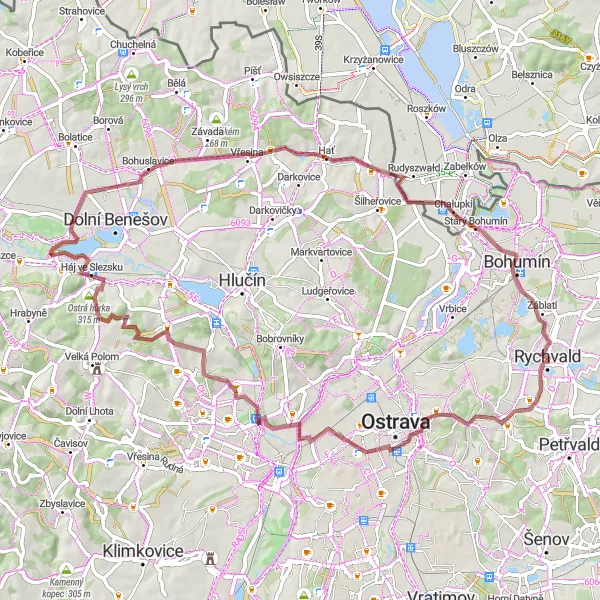 Map miniature of "Gravel Adventure through the Surrounding Countryside" cycling inspiration in Moravskoslezsko, Czech Republic. Generated by Tarmacs.app cycling route planner