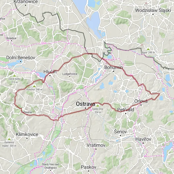 Miniaturní mapa "Trasa z Doubravy přes Morávskoslezsko" inspirace pro cyklisty v oblasti Moravskoslezsko, Czech Republic. Vytvořeno pomocí plánovače tras Tarmacs.app