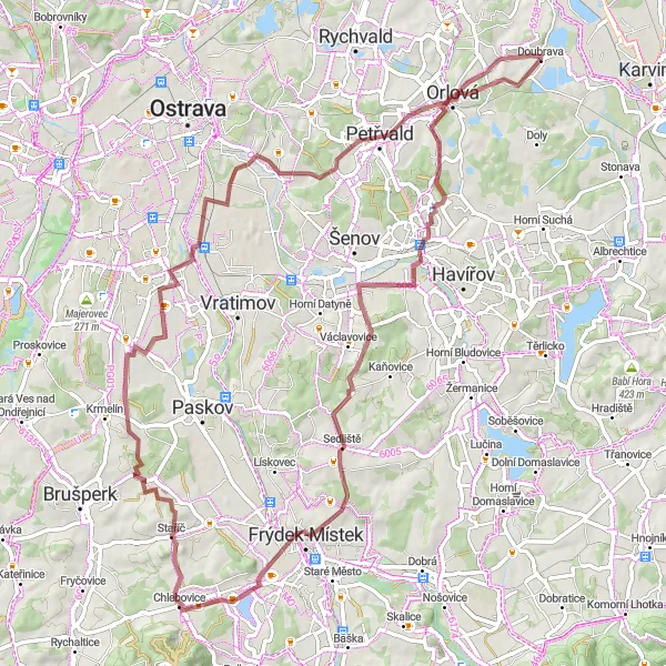 Miniaturní mapa "Gravel okruh přes Doubravu a Petřvald" inspirace pro cyklisty v oblasti Moravskoslezsko, Czech Republic. Vytvořeno pomocí plánovače tras Tarmacs.app