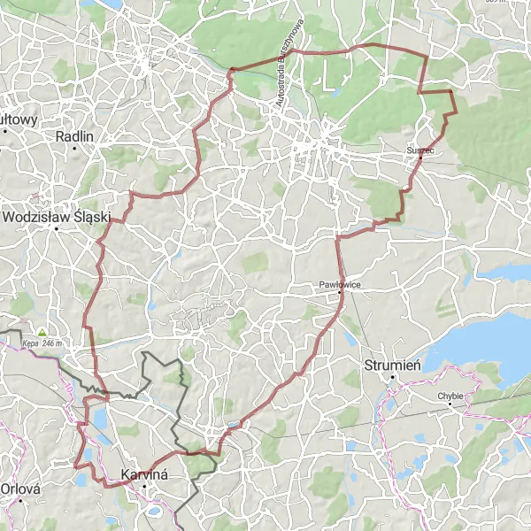 Miniaturní mapa "Cyklistická stezka směrem na Suszec" inspirace pro cyklisty v oblasti Moravskoslezsko, Czech Republic. Vytvořeno pomocí plánovače tras Tarmacs.app