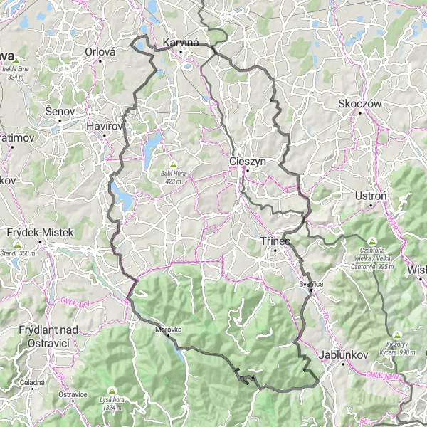 Map miniature of "Mountains and Valleys of Moravskoslezsko (Road)" cycling inspiration in Moravskoslezsko, Czech Republic. Generated by Tarmacs.app cycling route planner