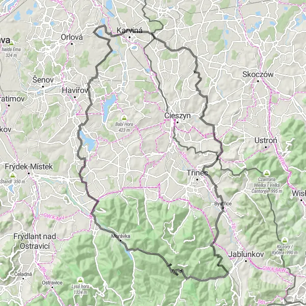 Miniaturní mapa "Okružní cesta po Moravskoslezsku" inspirace pro cyklisty v oblasti Moravskoslezsko, Czech Republic. Vytvořeno pomocí plánovače tras Tarmacs.app