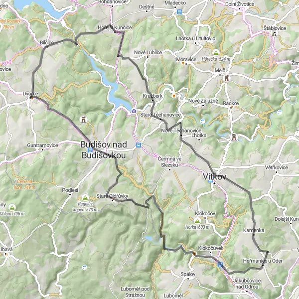 Miniaturní mapa "Okružní cyklistická trasa z Dvorce (Moravskoslezsko) – asfaltové silnice" inspirace pro cyklisty v oblasti Moravskoslezsko, Czech Republic. Vytvořeno pomocí plánovače tras Tarmacs.app