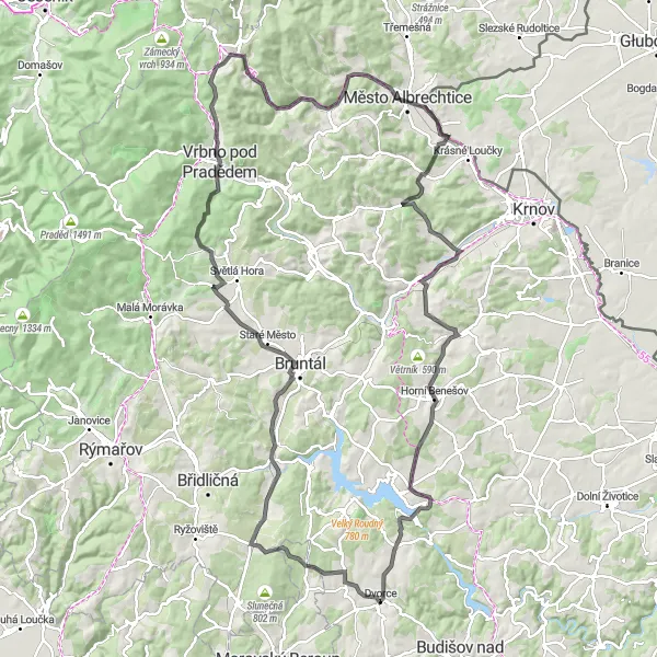 Mapa miniatúra "Scenic Route to Leskovec nad Moravicí" cyklistická inšpirácia v Moravskoslezsko, Czech Republic. Vygenerované cyklistickým plánovačom trás Tarmacs.app