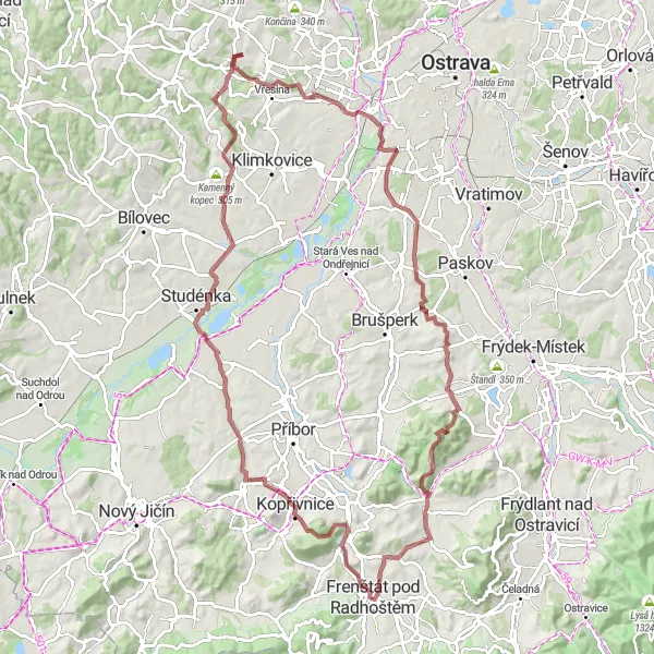 Mapa miniatúra "Zážitková cyklotrasa Holý vrch - Vrchovina" cyklistická inšpirácia v Moravskoslezsko, Czech Republic. Vygenerované cyklistickým plánovačom trás Tarmacs.app