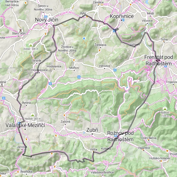 Map miniature of "Frenštát pod Radhoštěm - Lichnov Loop" cycling inspiration in Moravskoslezsko, Czech Republic. Generated by Tarmacs.app cycling route planner