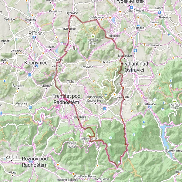 Miniaturní mapa "Gravel cyklotrasa skrz okolí Fryčovic" inspirace pro cyklisty v oblasti Moravskoslezsko, Czech Republic. Vytvořeno pomocí plánovače tras Tarmacs.app