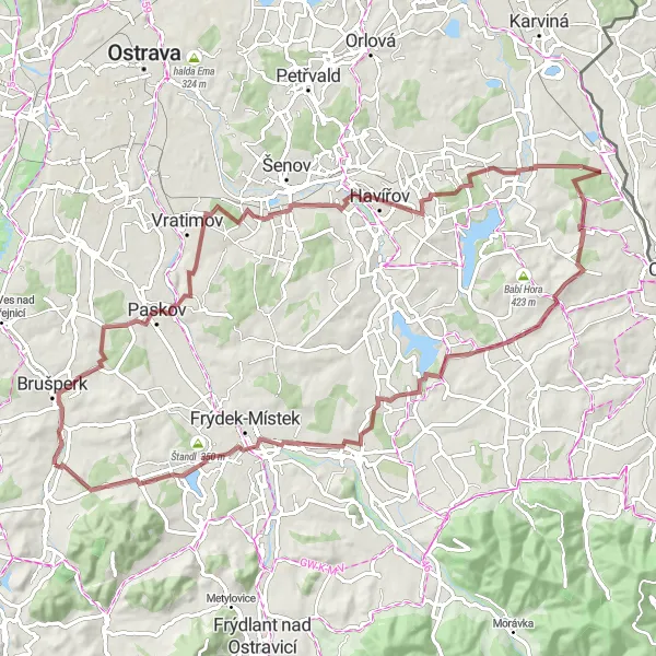 Miniaturní mapa "Gravel cyklistická trasa okolo Fryčovic" inspirace pro cyklisty v oblasti Moravskoslezsko, Czech Republic. Vytvořeno pomocí plánovače tras Tarmacs.app