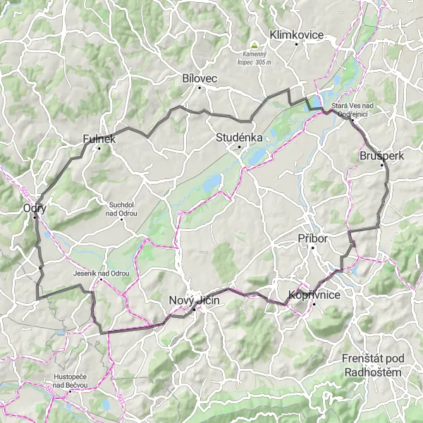 Miniaturní mapa "Cyklistická výprava krajinou kolem Fryčovic" inspirace pro cyklisty v oblasti Moravskoslezsko, Czech Republic. Vytvořeno pomocí plánovače tras Tarmacs.app