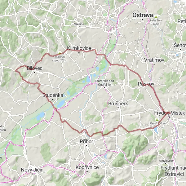 Miniaturní mapa "Gravelová vyjížďka kolem Frýdku-Místku" inspirace pro cyklisty v oblasti Moravskoslezsko, Czech Republic. Vytvořeno pomocí plánovače tras Tarmacs.app
