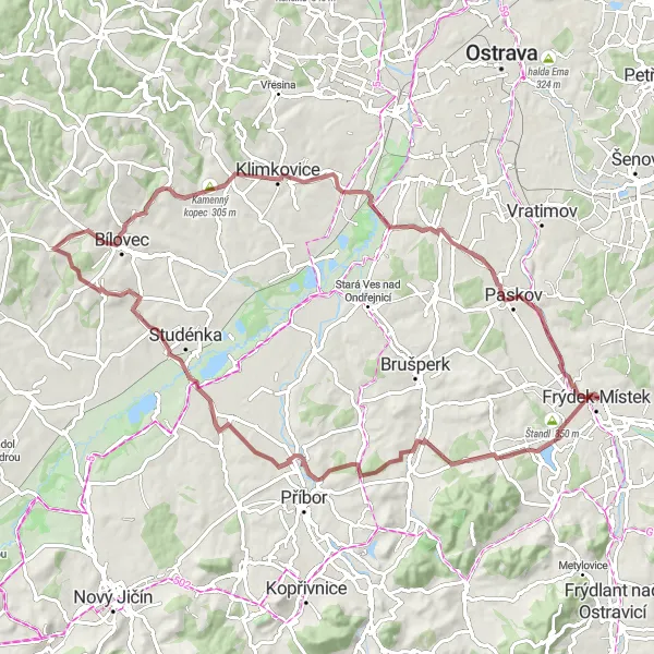 Mapa miniatúra "Cyklotrasa od Frýdku-Místku: Skotnice až po rozhlednu Kanihůra" cyklistická inšpirácia v Moravskoslezsko, Czech Republic. Vygenerované cyklistickým plánovačom trás Tarmacs.app