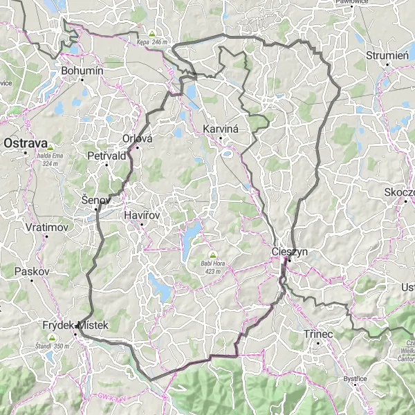 Miniaturní mapa "Výzva pro silniční cyklisty v okolí Frýdku-Místku" inspirace pro cyklisty v oblasti Moravskoslezsko, Czech Republic. Vytvořeno pomocí plánovače tras Tarmacs.app