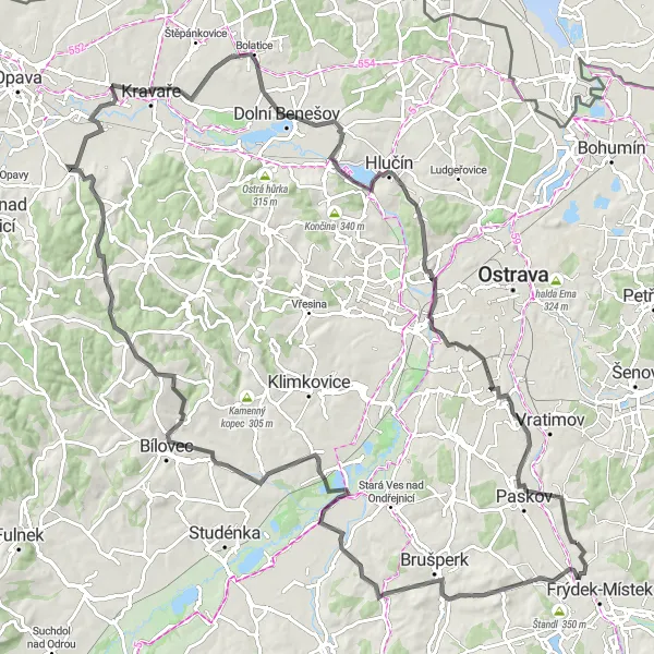 Mapa miniatúra "Road cestu kolem měst a lesů" cyklistická inšpirácia v Moravskoslezsko, Czech Republic. Vygenerované cyklistickým plánovačom trás Tarmacs.app