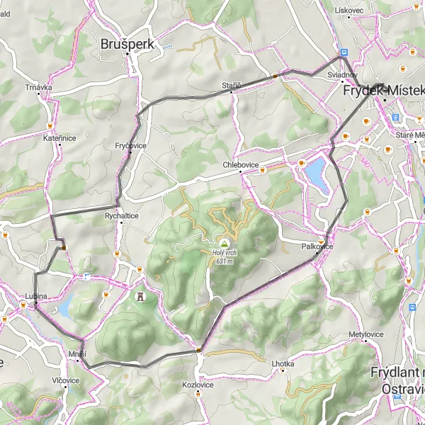 Mapa miniatúra "Cyklistická trasa okolo Frýdek-Místeku" cyklistická inšpirácia v Moravskoslezsko, Czech Republic. Vygenerované cyklistickým plánovačom trás Tarmacs.app