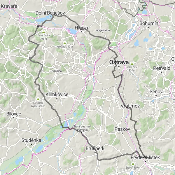 Map miniature of "Exploring the Beauty of Moravskoslezsko" cycling inspiration in Moravskoslezsko, Czech Republic. Generated by Tarmacs.app cycling route planner