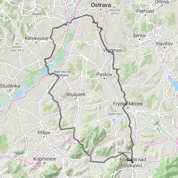 Mapa miniatúra "Okruh kolem Frýdlantu nad Ostravicí" cyklistická inšpirácia v Moravskoslezsko, Czech Republic. Vygenerované cyklistickým plánovačom trás Tarmacs.app