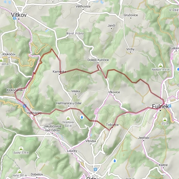 Miniaturní mapa "Gravelová cesta kolem Fulneku" inspirace pro cyklisty v oblasti Moravskoslezsko, Czech Republic. Vytvořeno pomocí plánovače tras Tarmacs.app