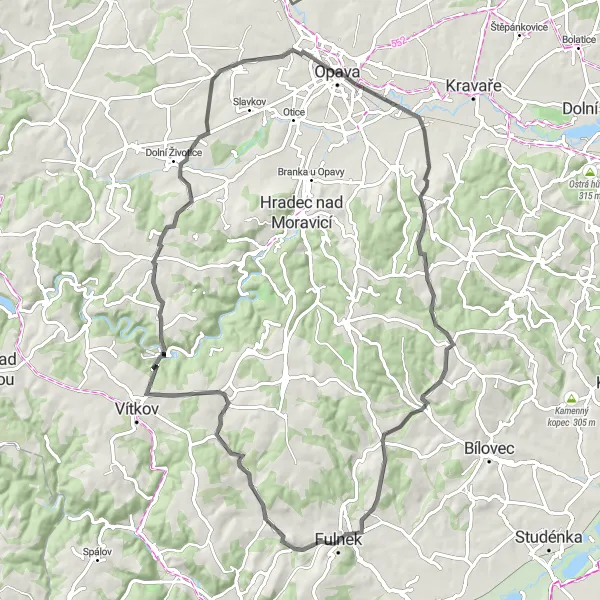 Miniaturní mapa "Fulnek - Dolejší Kunčice Circuit" inspirace pro cyklisty v oblasti Moravskoslezsko, Czech Republic. Vytvořeno pomocí plánovače tras Tarmacs.app