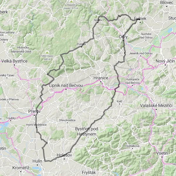 Mapa miniatúra "Okružná cesta cez Fulnek" cyklistická inšpirácia v Moravskoslezsko, Czech Republic. Vygenerované cyklistickým plánovačom trás Tarmacs.app