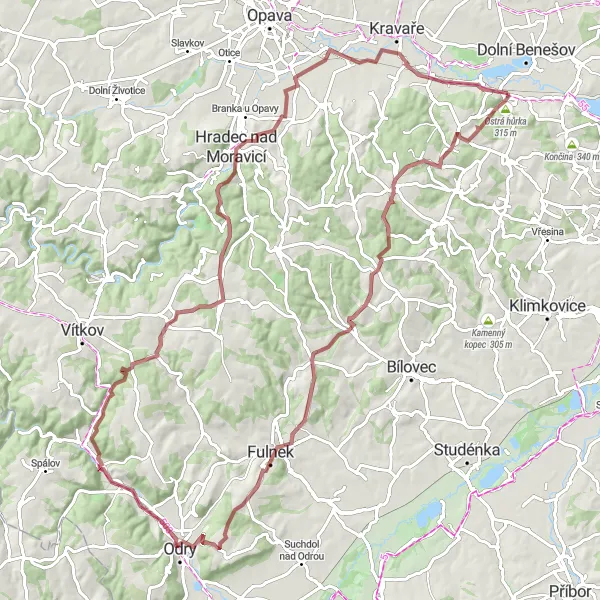 Map miniature of "Budišovice - Padařov Loop" cycling inspiration in Moravskoslezsko, Czech Republic. Generated by Tarmacs.app cycling route planner