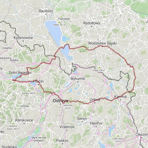 Mapa miniatúra "Výlet na horskom bicykli k okliu Opavy" cyklistická inšpirácia v Moravskoslezsko, Czech Republic. Vygenerované cyklistickým plánovačom trás Tarmacs.app