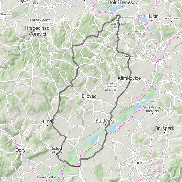 Map miniature of "Mountainous Adventure" cycling inspiration in Moravskoslezsko, Czech Republic. Generated by Tarmacs.app cycling route planner