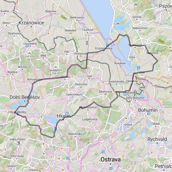 Map miniature of "Bohuslavice - Háj ve Slezsku Loop" cycling inspiration in Moravskoslezsko, Czech Republic. Generated by Tarmacs.app cycling route planner