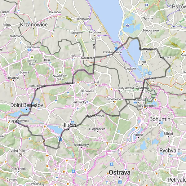 Mapa miniatúra "Rozmanitá okruzna cesta na cestnom bicykli" cyklistická inšpirácia v Moravskoslezsko, Czech Republic. Vygenerované cyklistickým plánovačom trás Tarmacs.app