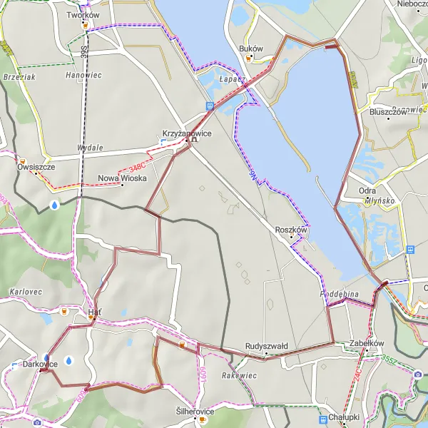 Miniaturní mapa "Gravelová trasa do Krzyżanowice" inspirace pro cyklisty v oblasti Moravskoslezsko, Czech Republic. Vytvořeno pomocí plánovače tras Tarmacs.app