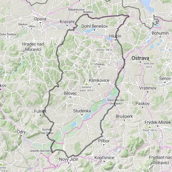 Miniaturní mapa "Silnice cyklotrasa do Bohuslavice" inspirace pro cyklisty v oblasti Moravskoslezsko, Czech Republic. Vytvořeno pomocí plánovače tras Tarmacs.app