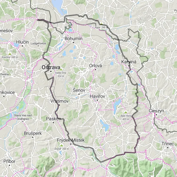 Map miniature of "Journey Through Cultural Gems" cycling inspiration in Moravskoslezsko, Czech Republic. Generated by Tarmacs.app cycling route planner