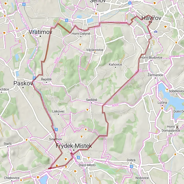 Map miniature of "Bruzovice and Šumbark Gravel Loop" cycling inspiration in Moravskoslezsko, Czech Republic. Generated by Tarmacs.app cycling route planner