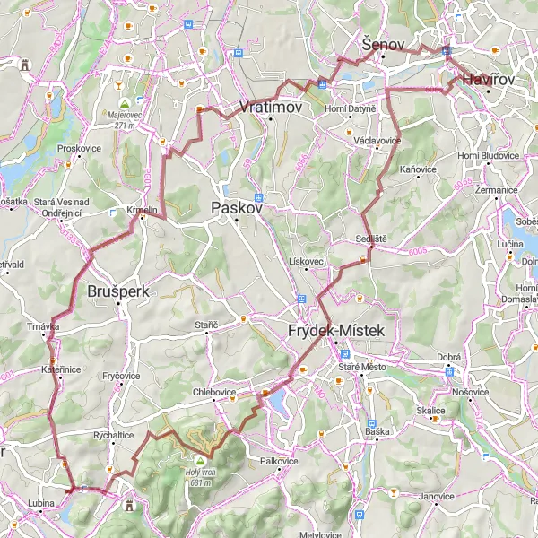 Map miniature of "Discover Šenov on a Gravel Adventure" cycling inspiration in Moravskoslezsko, Czech Republic. Generated by Tarmacs.app cycling route planner