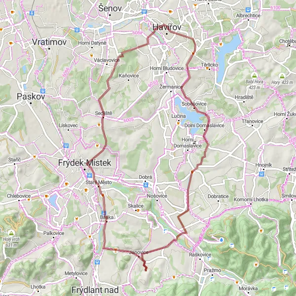 Map miniature of "Soběšovice and Dolní Datyně Gravel Adventure" cycling inspiration in Moravskoslezsko, Czech Republic. Generated by Tarmacs.app cycling route planner