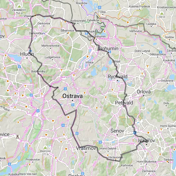 Miniatura mapy "Wycieczka szlakiem Bobčok i Václavovice" - trasy rowerowej w Moravskoslezsko, Czech Republic. Wygenerowane przez planer tras rowerowych Tarmacs.app