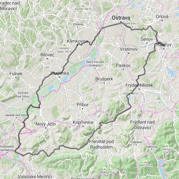 Map miniature of "Challenging Ride to Zámek Šumbark" cycling inspiration in Moravskoslezsko, Czech Republic. Generated by Tarmacs.app cycling route planner