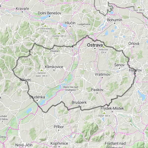 Map miniature of "The Ultimate Moravian Road Trip" cycling inspiration in Moravskoslezsko, Czech Republic. Generated by Tarmacs.app cycling route planner