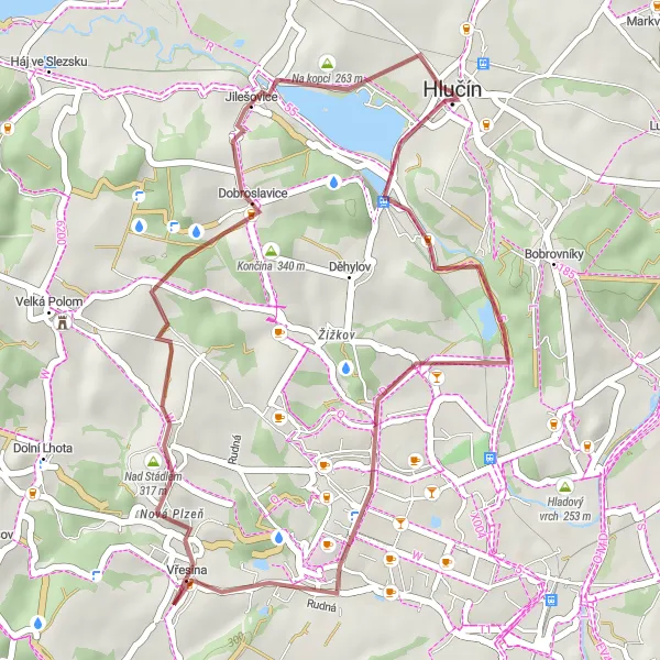 Miniaturní mapa "Gravelová trasa Vinná hora - Hlucin" inspirace pro cyklisty v oblasti Moravskoslezsko, Czech Republic. Vytvořeno pomocí plánovače tras Tarmacs.app