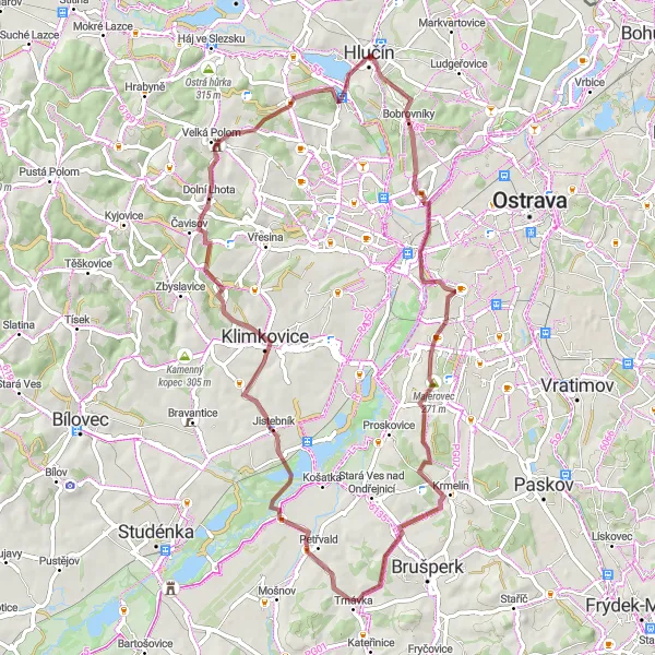 Miniaturní mapa "Gravel okruh Bobrovníky" inspirace pro cyklisty v oblasti Moravskoslezsko, Czech Republic. Vytvořeno pomocí plánovače tras Tarmacs.app