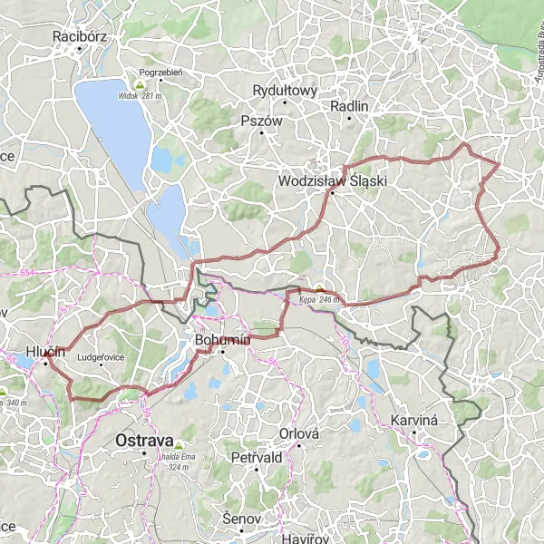 Map miniature of "Through Gravel and Meadows" cycling inspiration in Moravskoslezsko, Czech Republic. Generated by Tarmacs.app cycling route planner