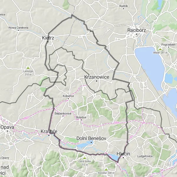 Map miniature of "Scenic Country Roads" cycling inspiration in Moravskoslezsko, Czech Republic. Generated by Tarmacs.app cycling route planner