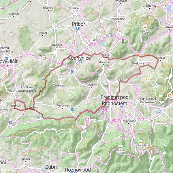 Mapa miniatúra "Gravel cyklotrasa Hodslavice - Mořkov" cyklistická inšpirácia v Moravskoslezsko, Czech Republic. Vygenerované cyklistickým plánovačom trás Tarmacs.app