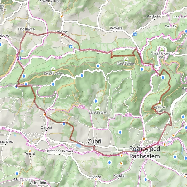 Mapa miniatúra "Krátka gravlová trasa na sever od Hodslavic" cyklistická inšpirácia v Moravskoslezsko, Czech Republic. Vygenerované cyklistickým plánovačom trás Tarmacs.app