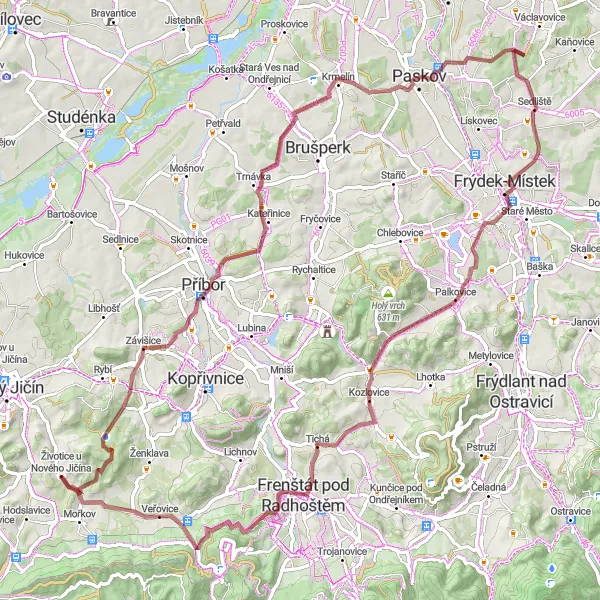 Map miniature of "Panoramic Gravel Route in Moravskoslezsko" cycling inspiration in Moravskoslezsko, Czech Republic. Generated by Tarmacs.app cycling route planner