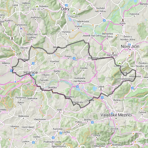 Map miniature of "Choryňská Stráž Road Tour" cycling inspiration in Moravskoslezsko, Czech Republic. Generated by Tarmacs.app cycling route planner
