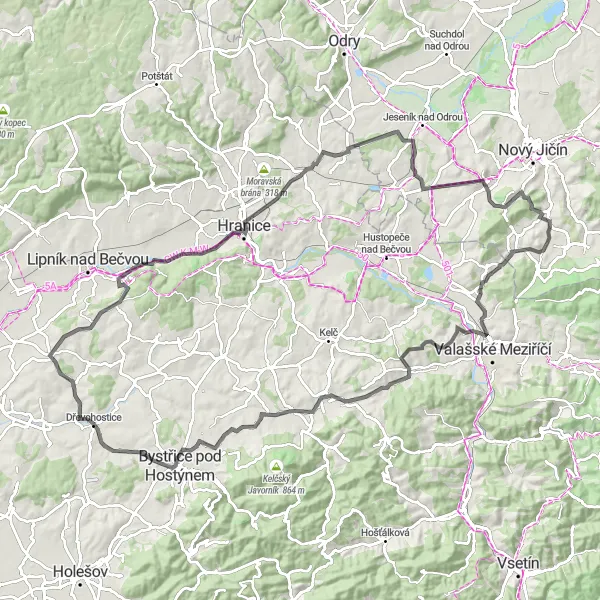 Miniaturní mapa "Okruh kolem Hodslavic" inspirace pro cyklisty v oblasti Moravskoslezsko, Czech Republic. Vytvořeno pomocí plánovače tras Tarmacs.app
